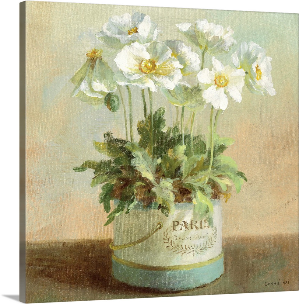 Contemporary painting of white flowers in a planter sitting on a table.