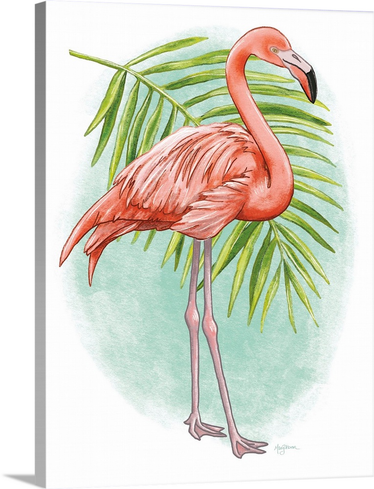Vertical illustration of a flamingo with a palm branch and a green background.