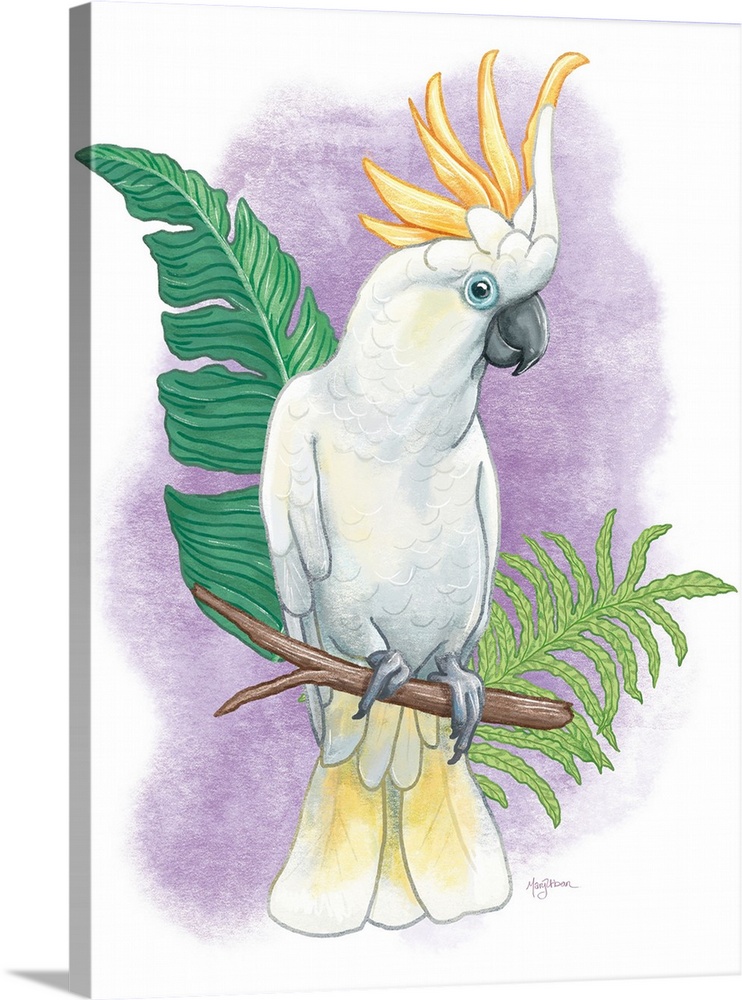 Vertical illustration of a colorful cockatoo perched on a branch with a purple background.