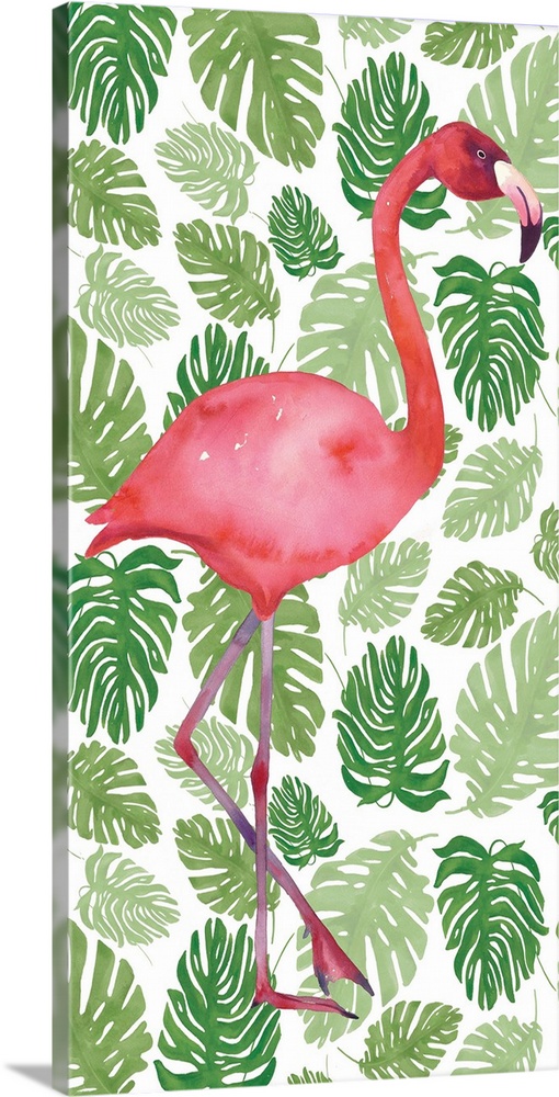 Contemporary painting of a flamingo against a patterned background of tropical leaves.