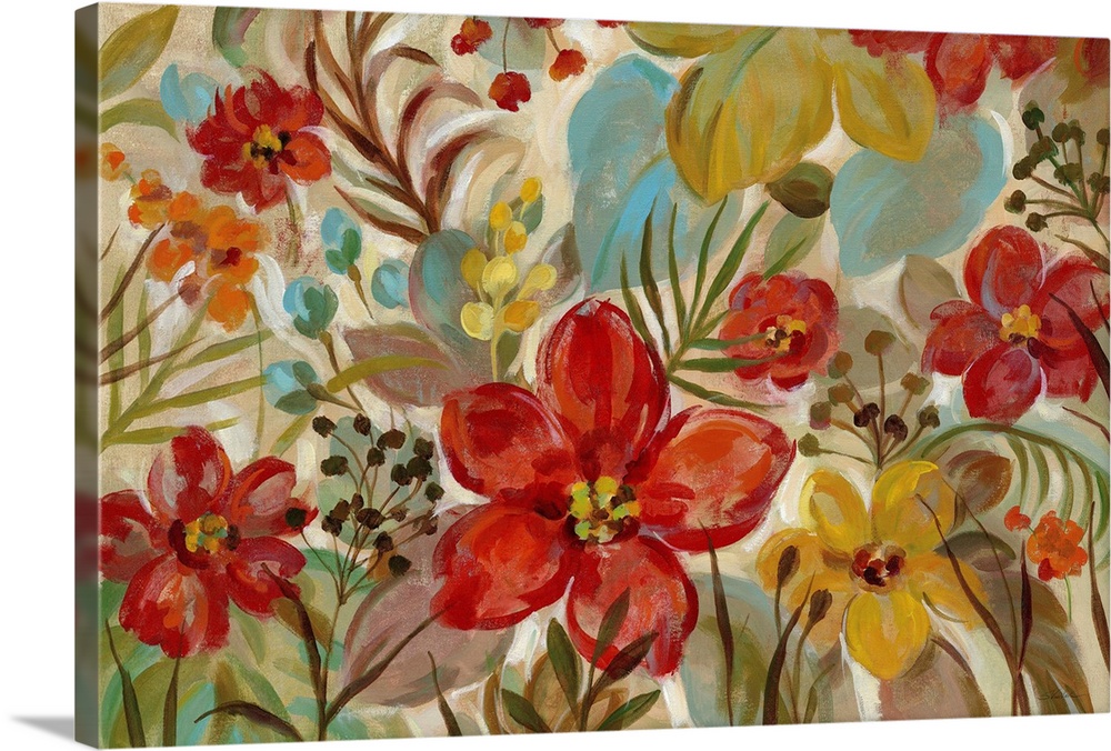 Contemporary painting of tropical flowers on a beige background.