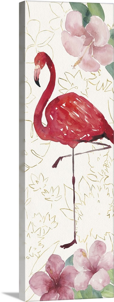 Tall rectangular watercolor painting of a pink flamingo with hibiscuses on a textured white background with metallic gold ...