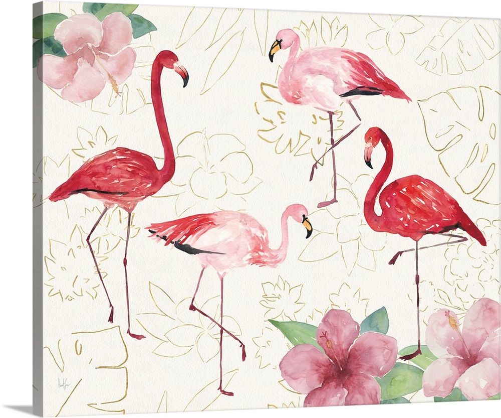 Square watercolor painting of four flamingos with hibiscuses in the corners on a white textured background with metallic g...
