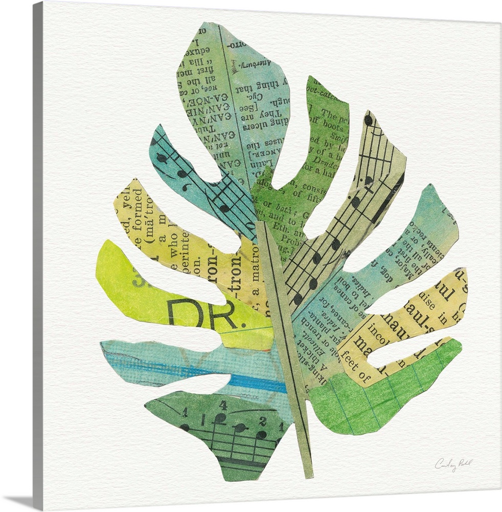 Square decor with a green, blue, and yellow toned palm leaf made out with mixed media.