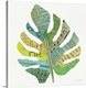 image thumbnail of Square decor with a green, blue, and yellow toned palm leaf made out with mixed media.
