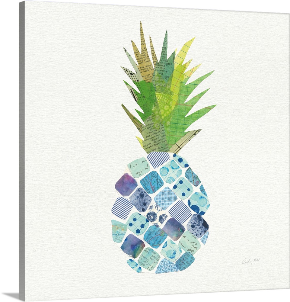Square decor with a cool toned pineapple created with mixed media on a white background.