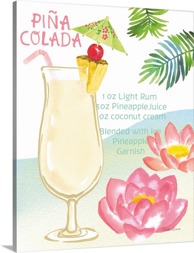 Decorative artwork of a Pina Colada cocktail with tropical decorations and the ingredients written on the side.