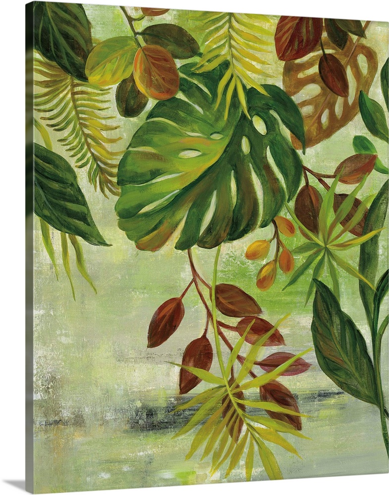 Contemporary painting of several different types of tropical leaves hanging from the top of the canvas on a green and gray...