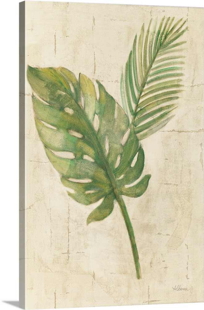 Decorative artwork featuring tropical leaves over an aged background.
