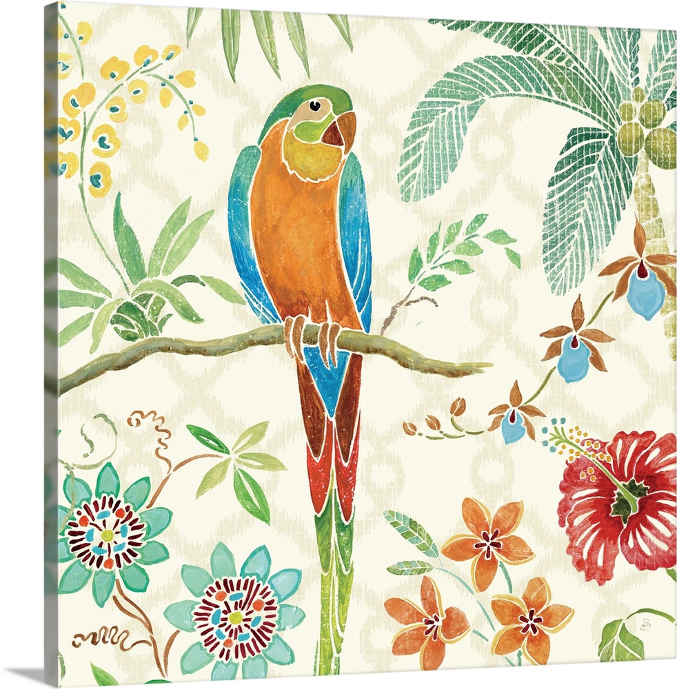 Contemporary painting of a brightly colored parrot perched on branch, surrounded by flowers.