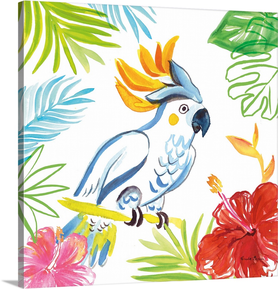 Vibrant painting of a cockatoo surrounded by tropical plants and flowers on a white square background.
