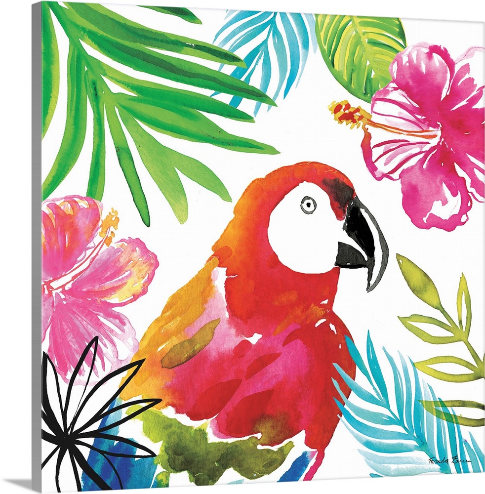 Vibrant painting of a parrot surrounded by tropical plants and flowers on a white square background.