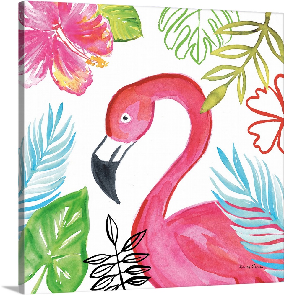 Vibrant painting of a flamingo surrounded by tropical plants and flowers on a white square background.