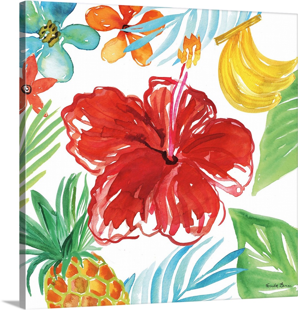 Vibrant painting of a red flower surrounded by tropical plants, flowers, and fruit on a white square background.