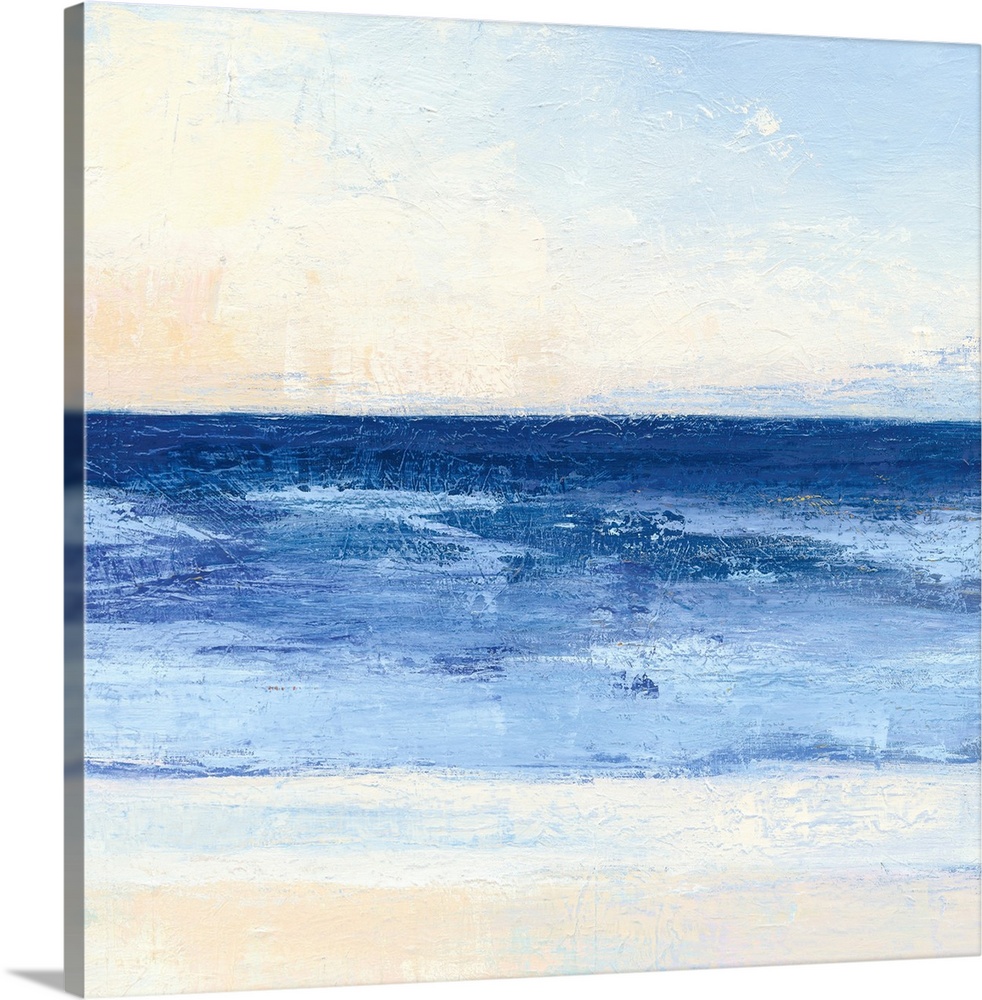 Contemporary coastal themed painting of a calm sea seen from a beach shoreline.