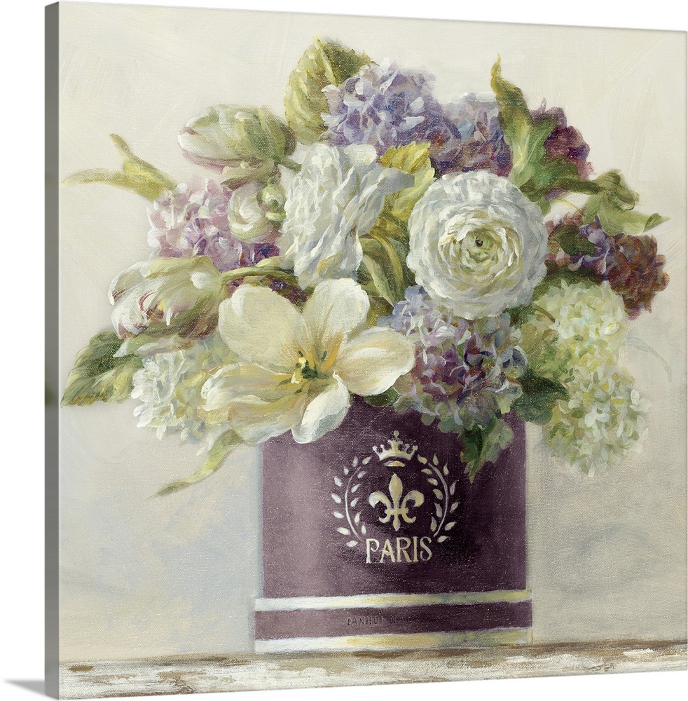 Still life painting of a hatbox filled with a variety of flowers against a soft background.