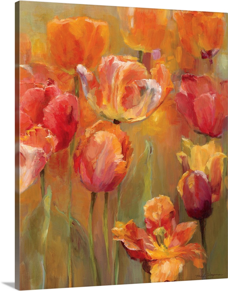 Contemporary painting of several tulip flowers in different shades of orange and pink in warm light, painted in a soft style.