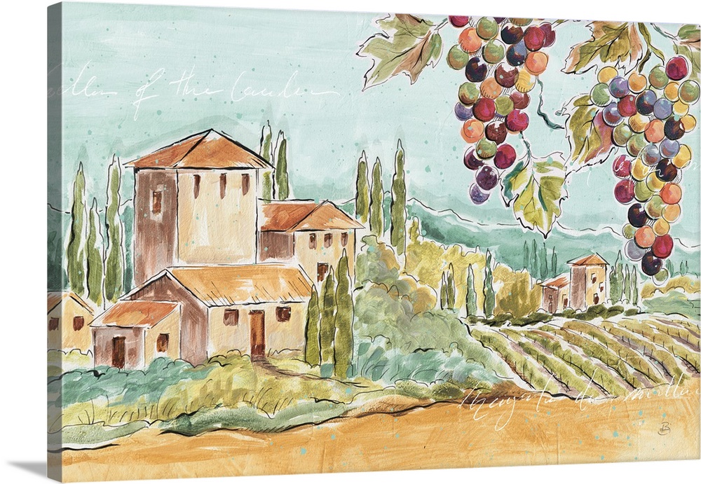 Decorative artwork of a colorful Tuscan landscape and faint text throughout.
