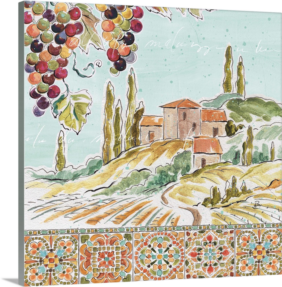 Decorative artwork of a colorful Tuscan landscape with mosaic tile design lining the bottom and faint text throughout.
