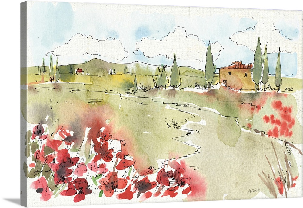 Watercolor painting of a Tuscan landscape with red flowers in the foreground.