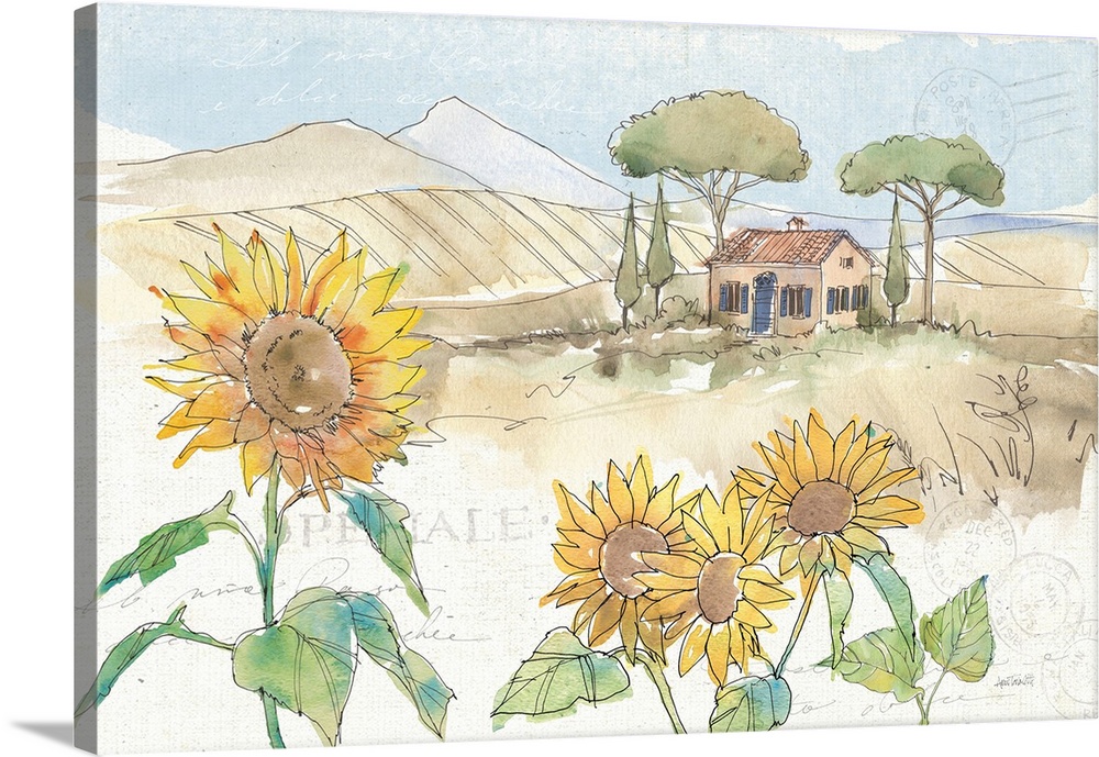 Watercolor painting of a Tuscan landscape with sunflowers in the foreground and a cottage with rolling hills in the backgr...