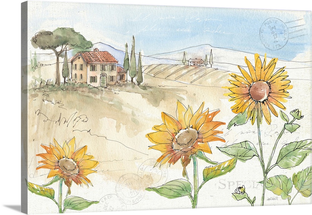 Watercolor painting of a Tuscan landscape with sunflowers in the foreground and a cottage with rolling hills in the backgr...
