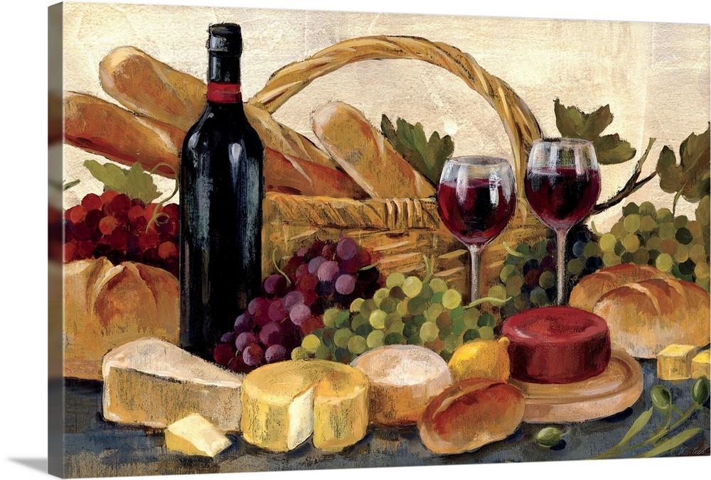 A transitional style still life of a basket of bread, cheese, wine and bunches of grapes. This mediterranean inspired imag...