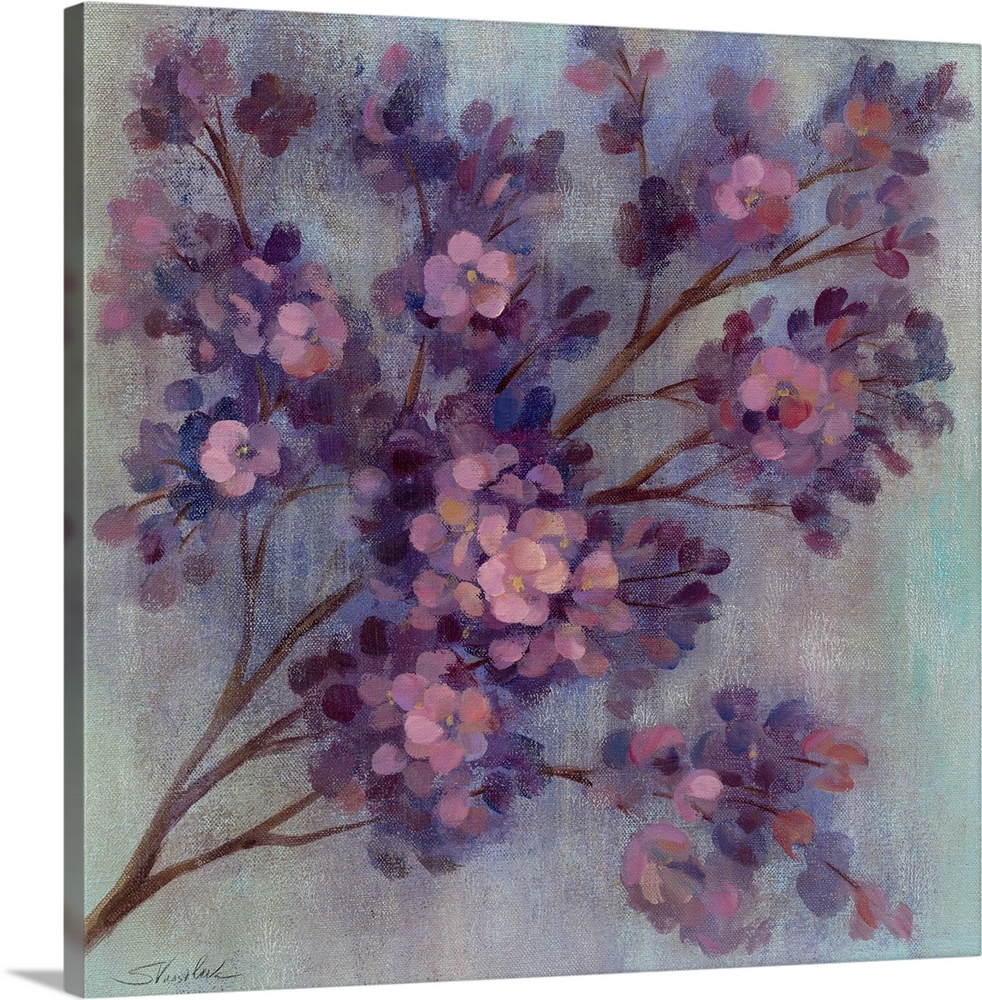 Painting of tree branch filled with small pastel colored flowers.