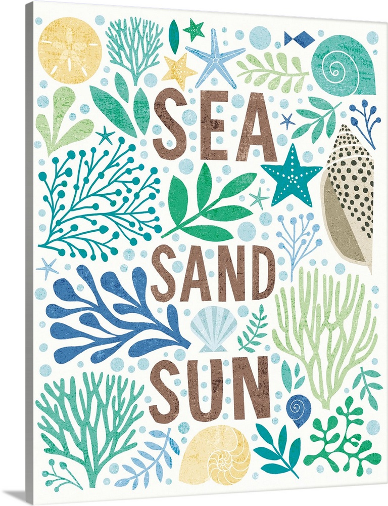 Beach themed illustration with seashells, coral, starfish, and various saltwater plants.