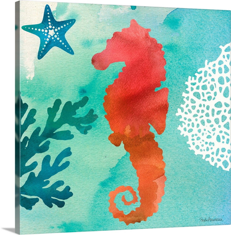 A square contemporary watercolor design of a red seahorse with ocean elements.