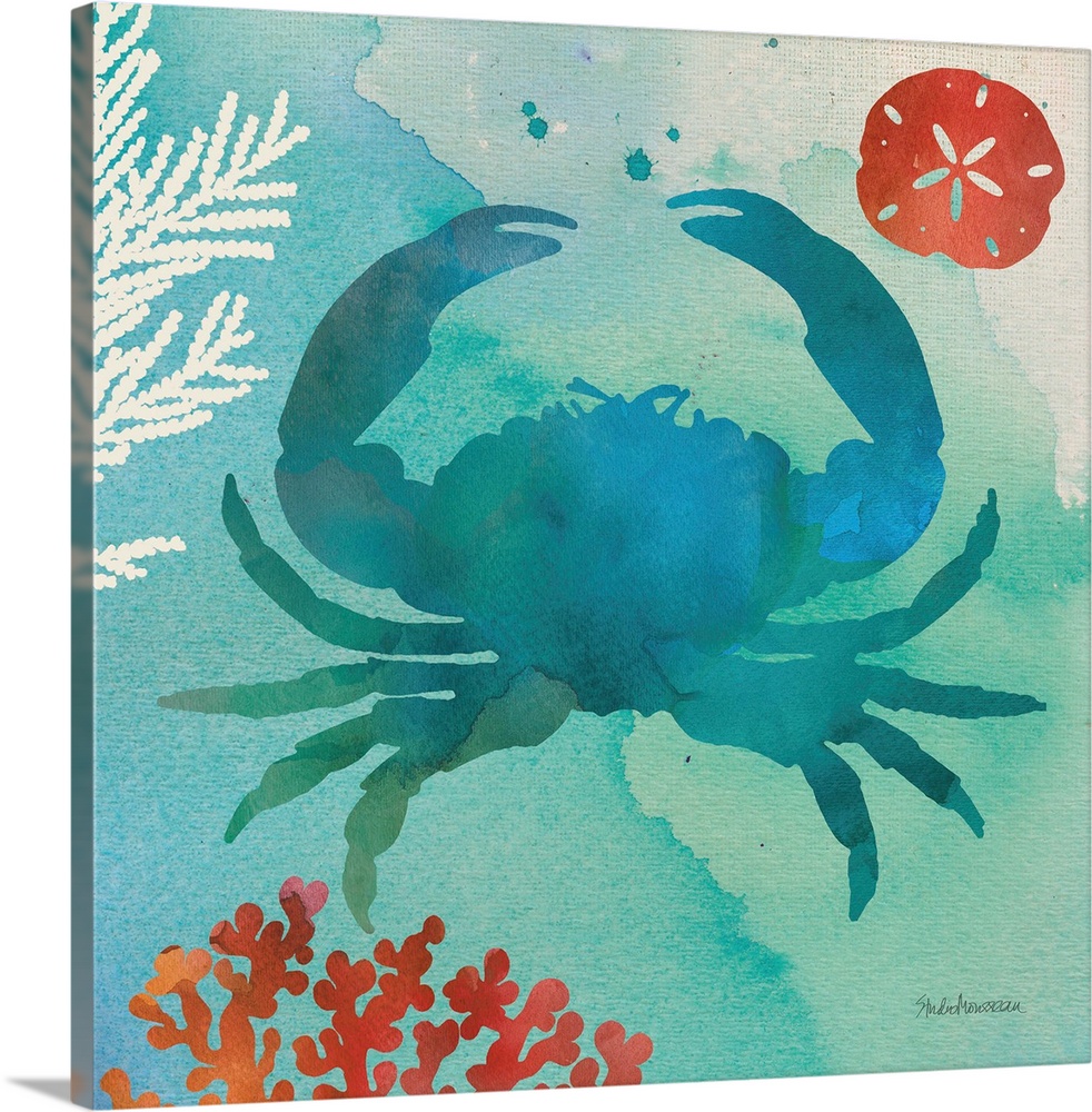 A square contemporary watercolor design of a blue crab with ocean elements.