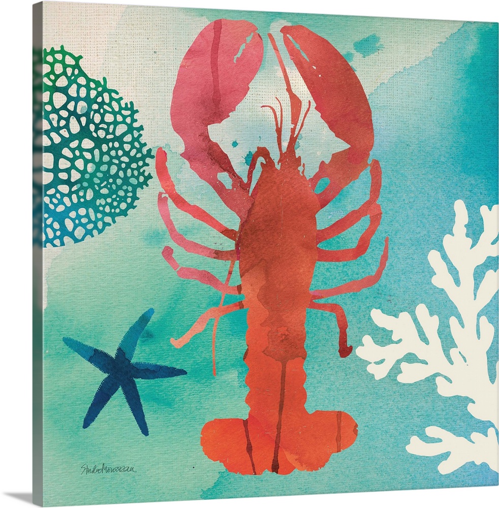 A square contemporary watercolor design of a red lobster with ocean elements.