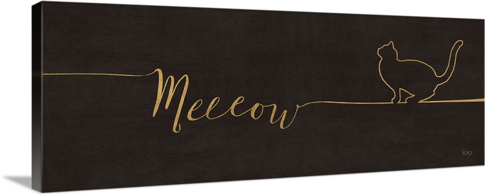 "Meeeow" with the outline of a cat on a textured black background.