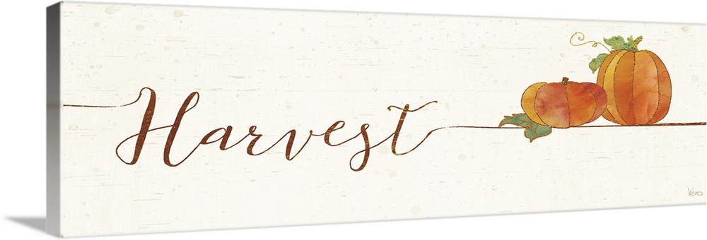 Horizontal artwork of "Harvest" in handwritten text with a pair of pumpkins.
