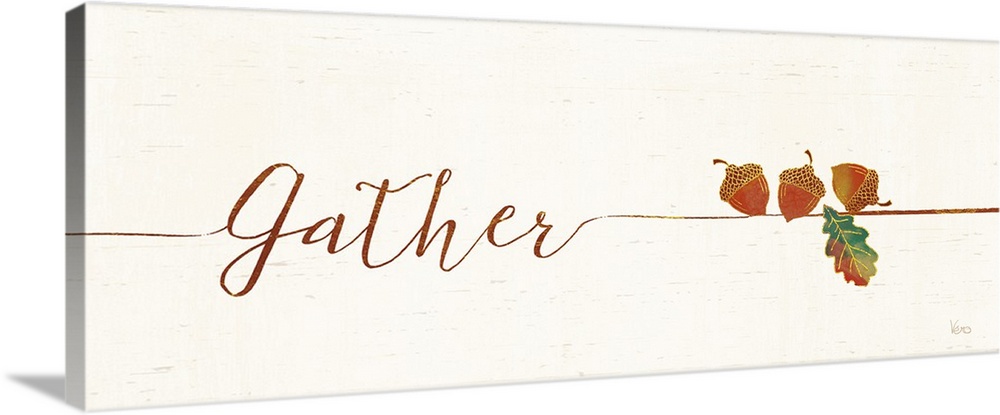Horizontal artwork of "Gather" in handwritten text with a a few acrons.