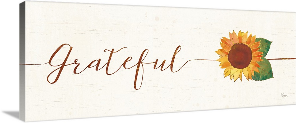 Horizontal artwork of "Grateful" in handwritten text with a sunflower.