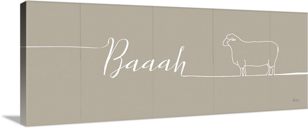 "Baaah" with the outline of a sheep on a beige plank background.