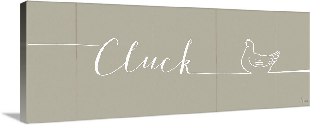 "Cluck" with the outline of a chicken on a beige plank background.