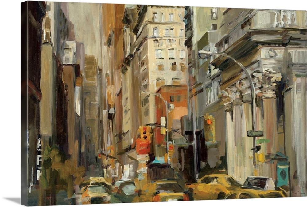 This painting captures the bustling city at street level as taxis slowly push up the streetos traffic.