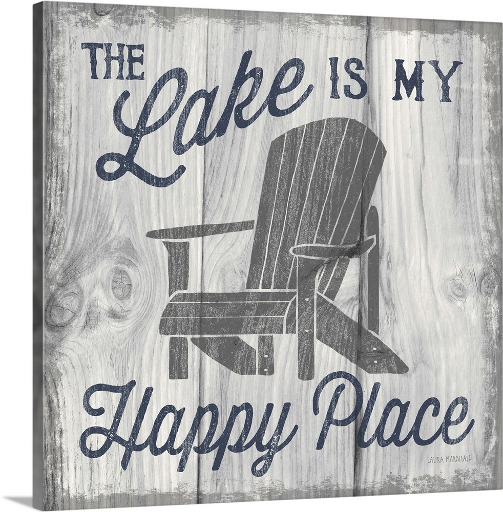 "The Lake is My Happy Place" in navy blue with an illustration of an adirondack chair on a white and grey wood grain backg...