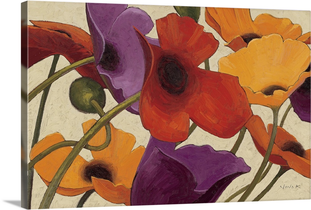 Painting of colorful poppy flowers intertwined with each other.