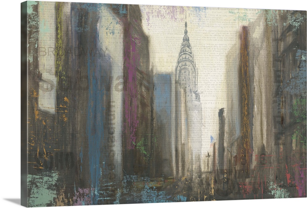 Contemporary painting of a view down a city street to the Chrysler building in NYC.
