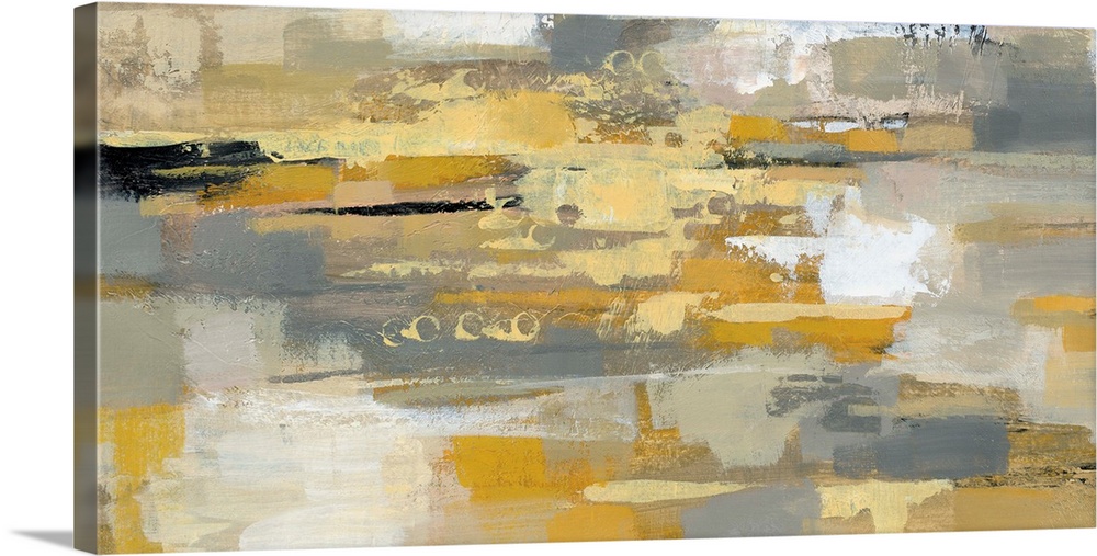 Contemporary abstract painting using gray white yellow and earth tones.