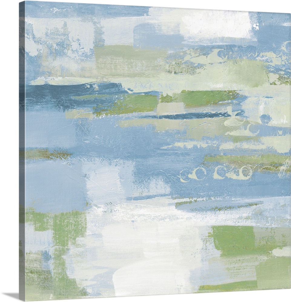 A square abstract painting of horizontal brush strokes in textured tones of blue, green and white.