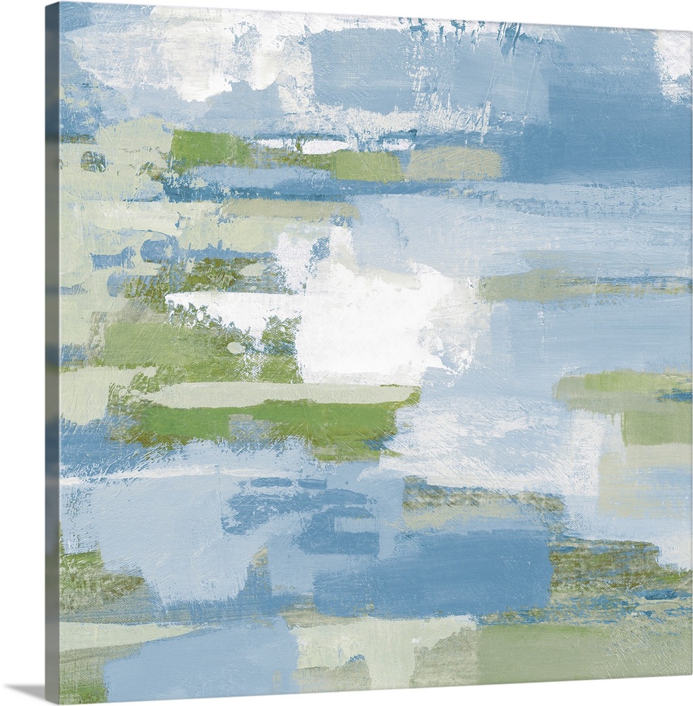 A square abstract painting of horizontal brush strokes in textured tones of blue, green and white.