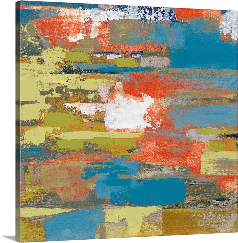 Large abstract painting made with shades of green, blue, gray, orange, and white on a square canvas.