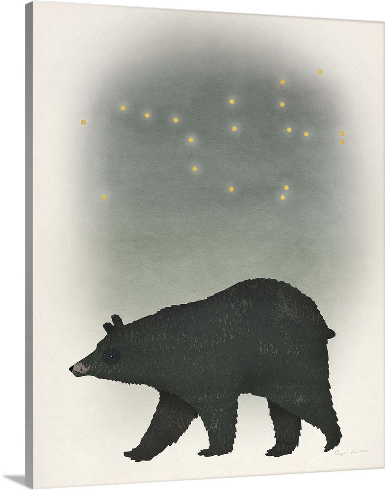 Illustration of a black bear and a starry night sky.