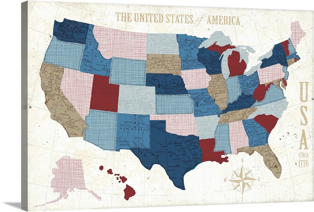 Contemporary art map of the United States of America in muted rustic colors against a weathered background.