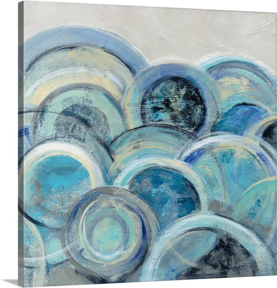 Abstract painting with circular shapes layered on top of each other in shades of blue with some yellow on a grey, square b...