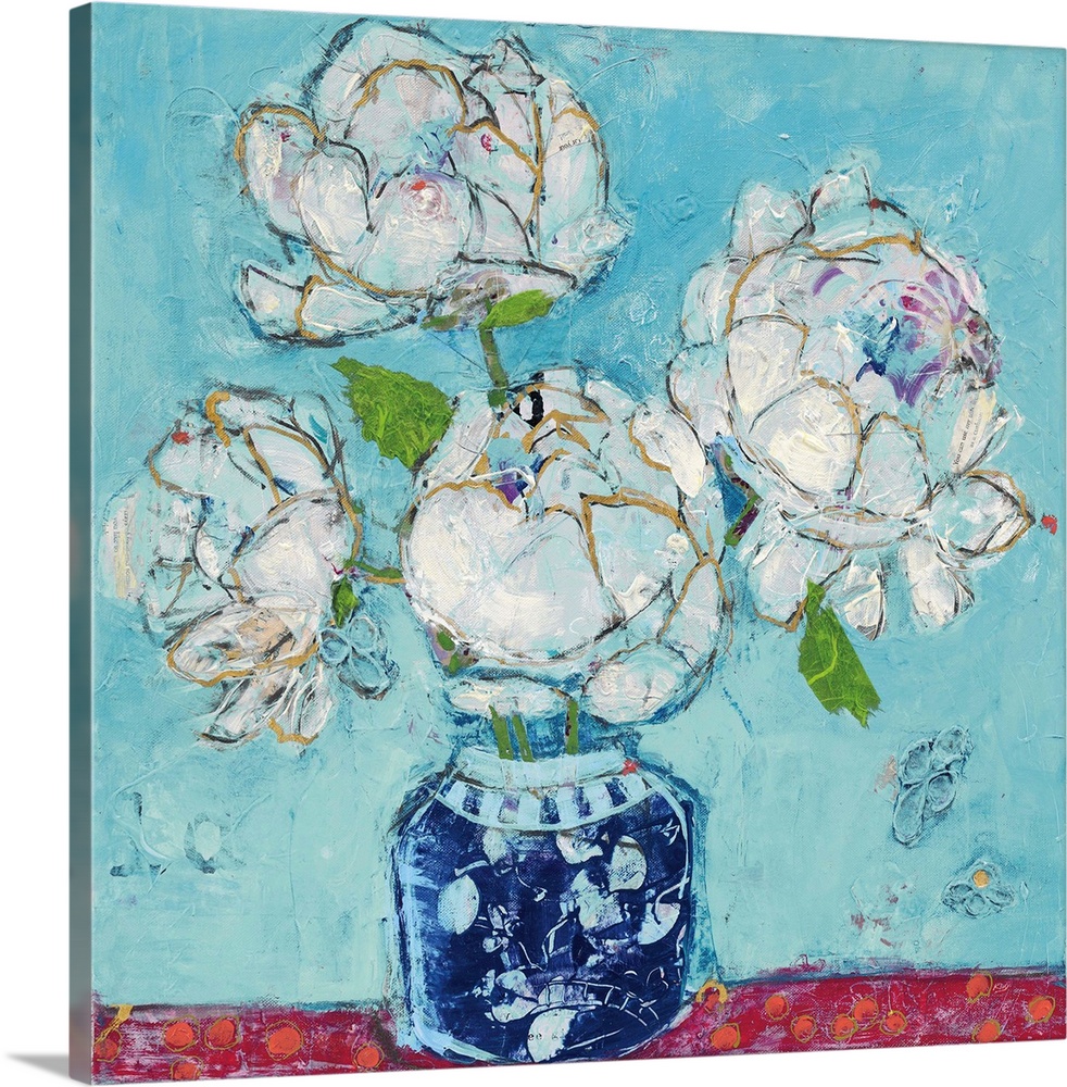 Contemporary artwork featuring white peonies in a vase with heavy textured distressing throughout.